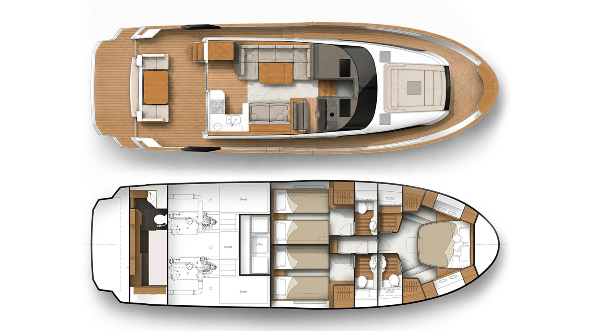 Greenline's drawing of the 50 Fly: the main deck and flybridge above, the lower deck accommodation below