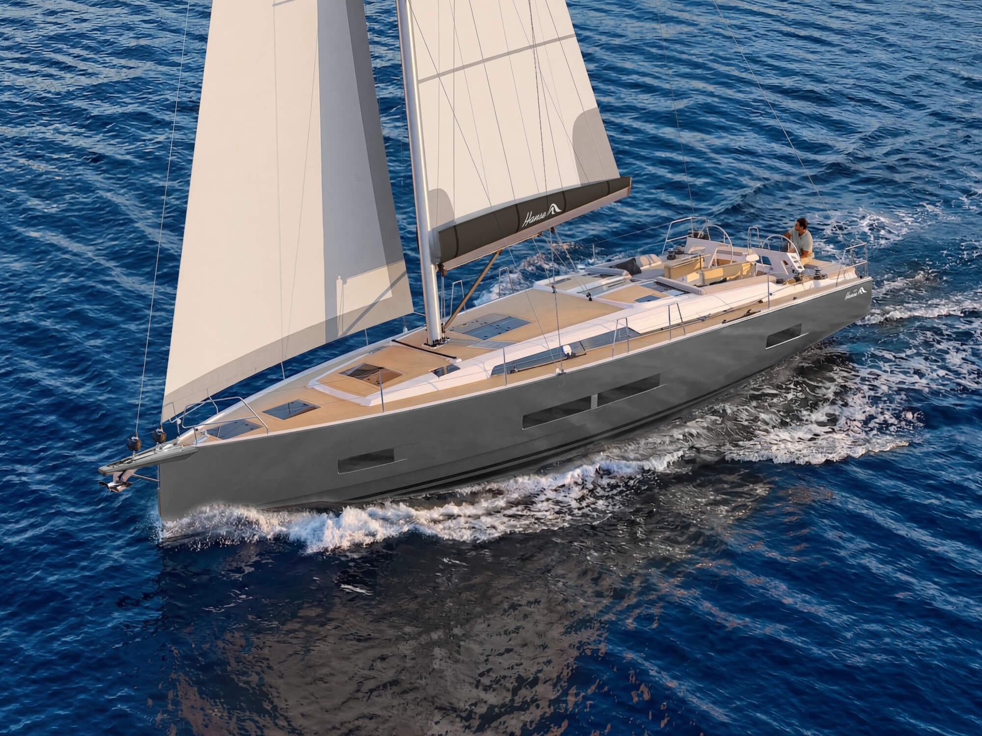 The Hanse 461 from above, heeling slightly under full sail with a crewman in the cockpit