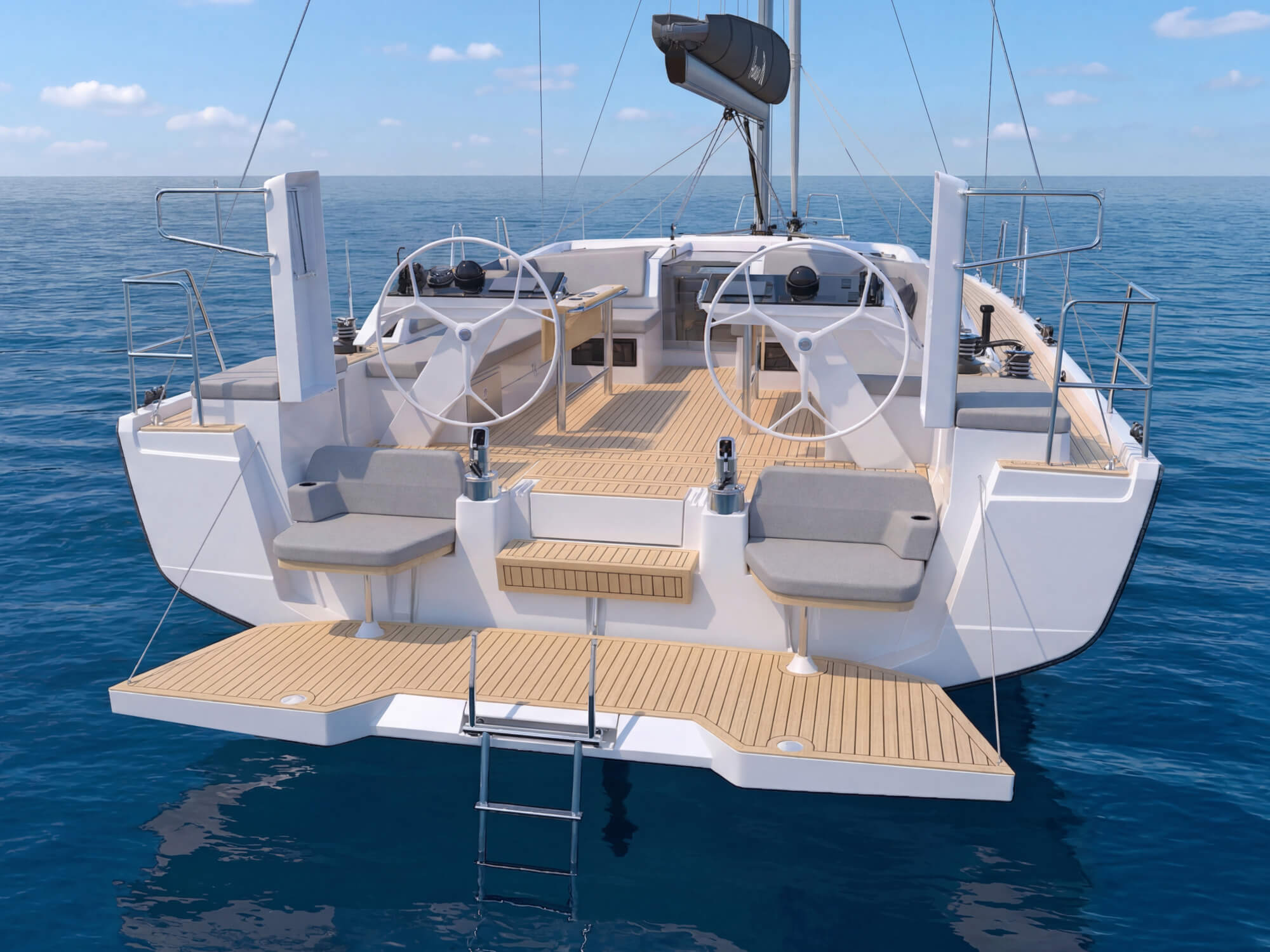 The open transom with the beach club swim platform, two lounge seats and the ladder down to the water