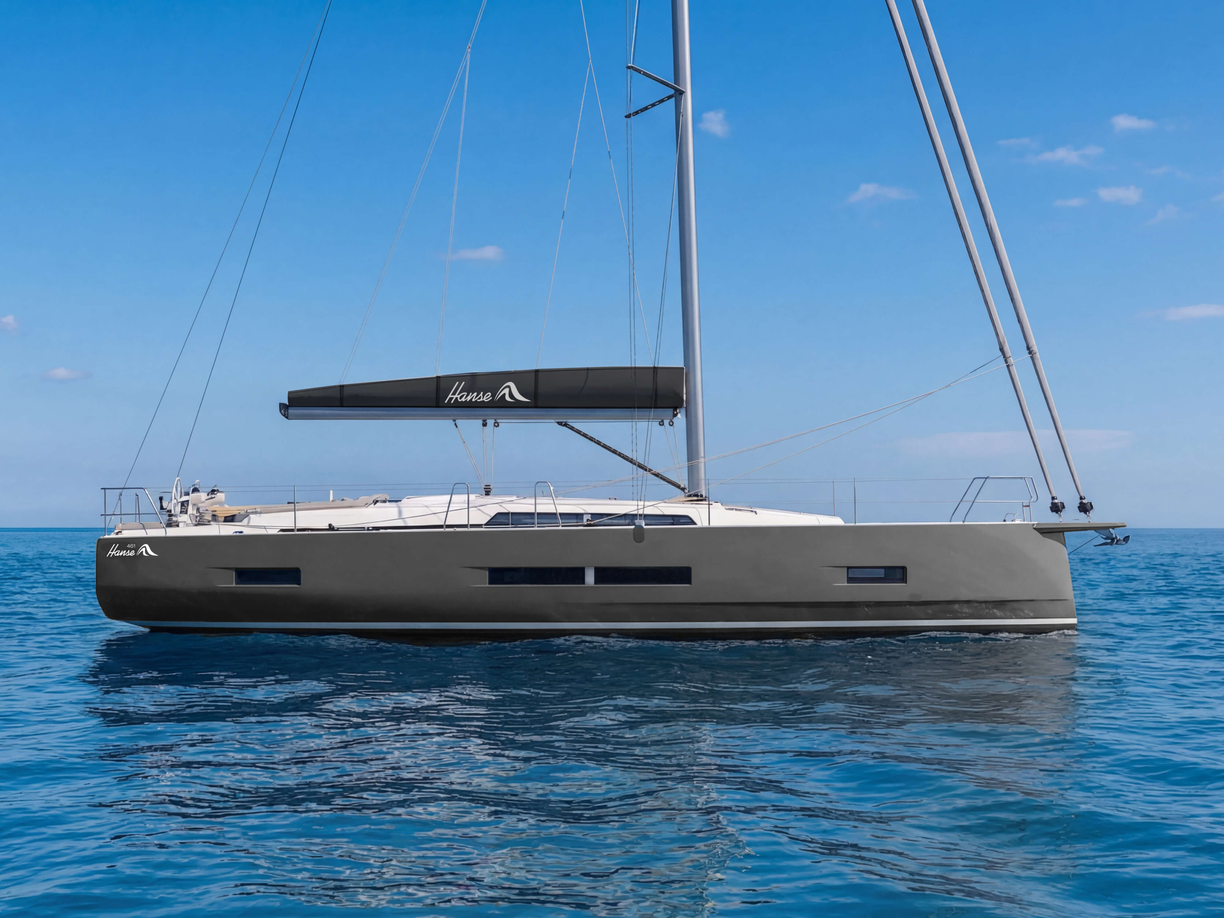 The Hanse 461 at rest in profile, sails furled, showing the dark hull with long hull windows