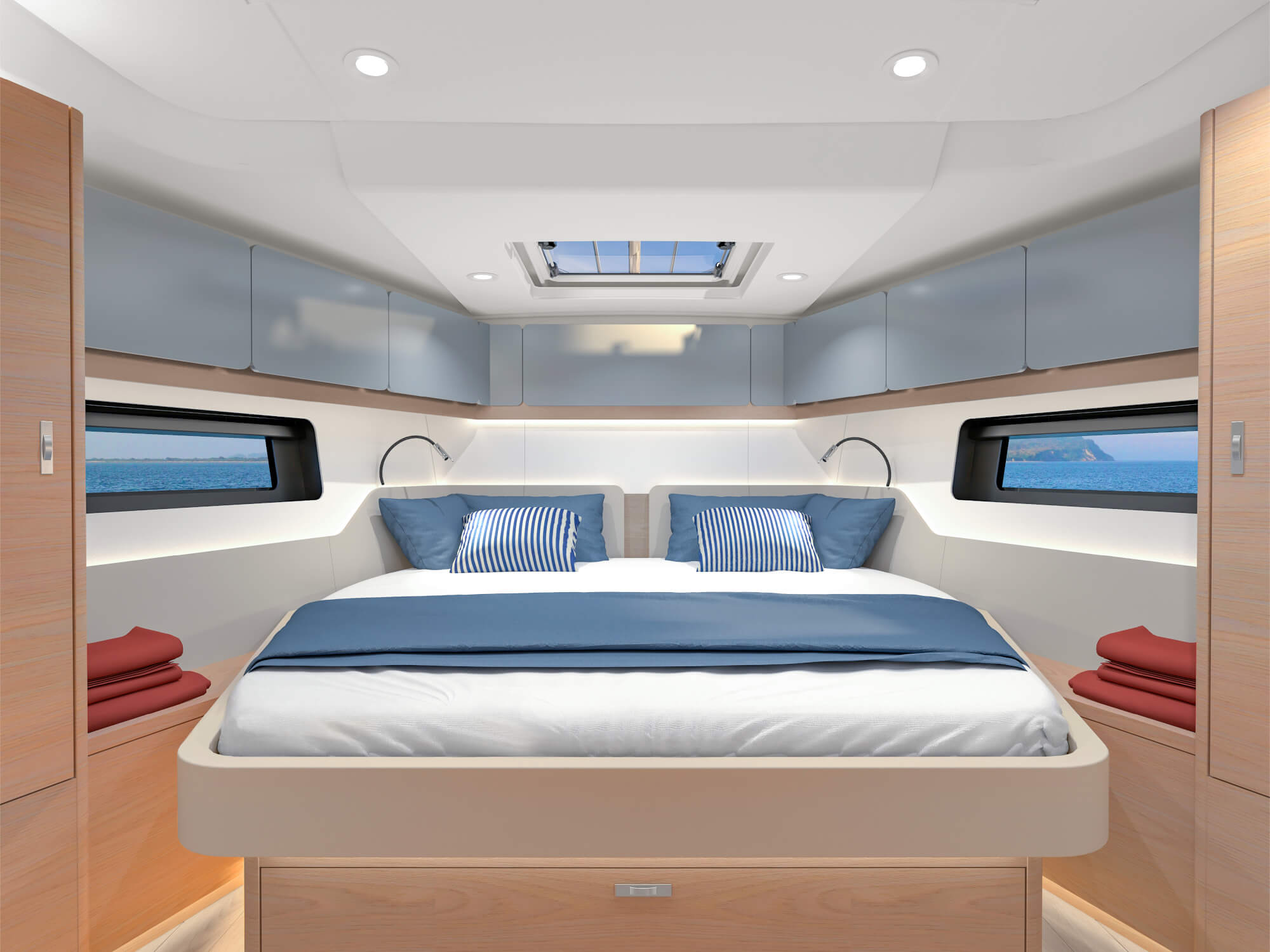 The forward master cabin with its island berth under a deck hatch