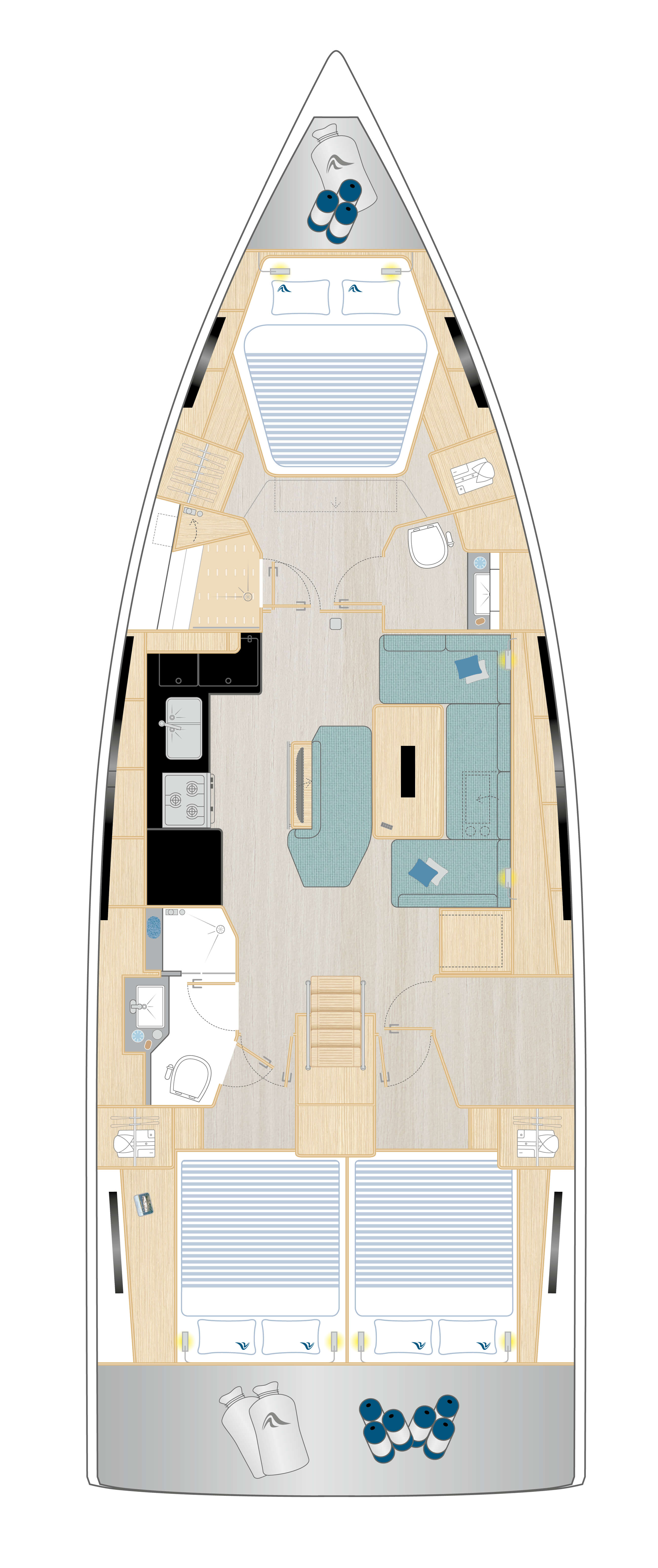 Hanse 461 accommodation plan: a forward master cabin with island berth, saloon and galley amidships, two aft cabins