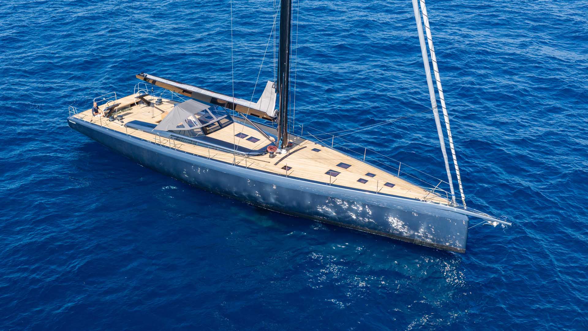 The ICE 80 at sea with its sails furled, seen from above