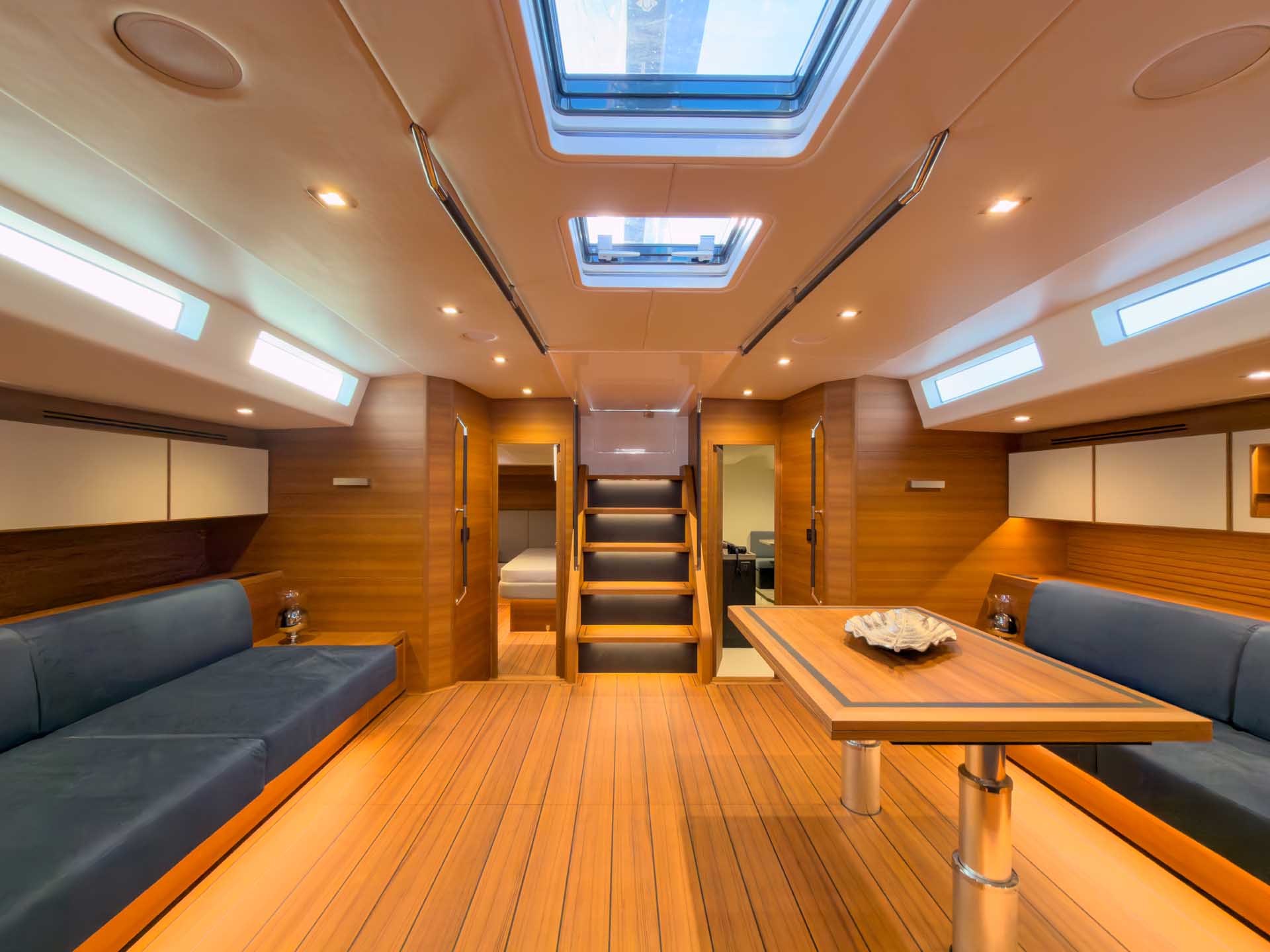 The saloon looking aft towards the companionway steps