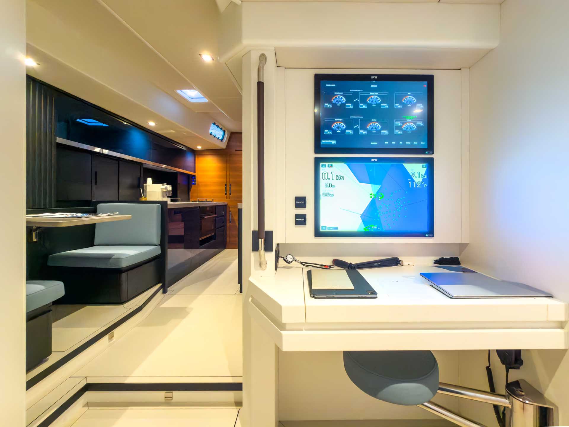 The navigation station, with a chart display, a second screen and a swivel seat