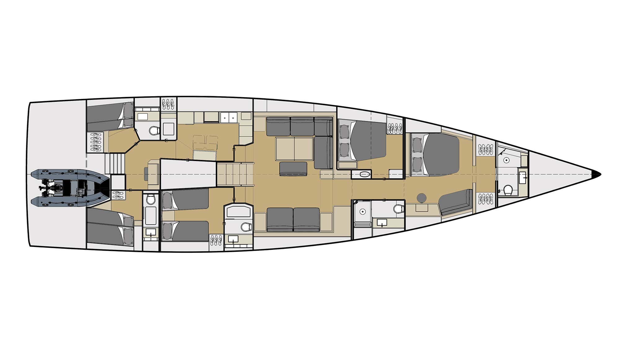 Ice Yachts' general arrangement drawing: a tender garage aft, crew cabins, the saloon amidships and cabins forward