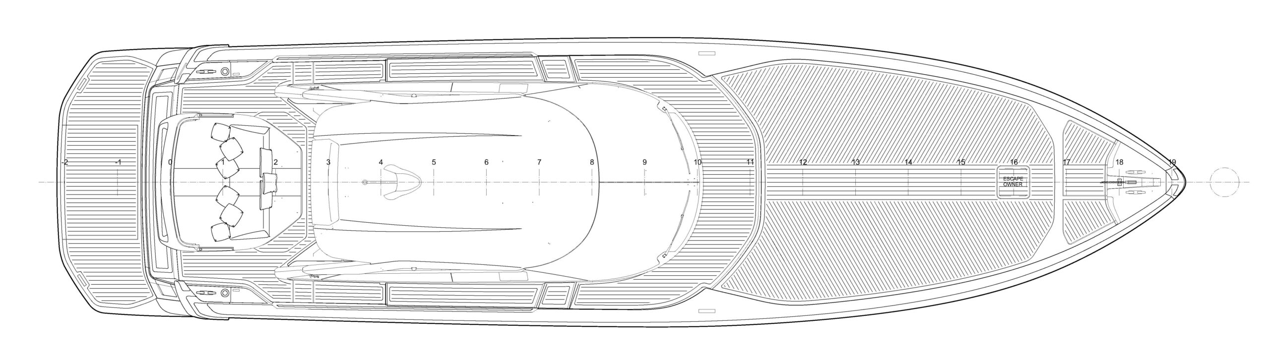 ISA GTO 70 general arrangement drawing seen from above, showing the aft sunpad and seating, the hardtop and the long foredeck sunbed