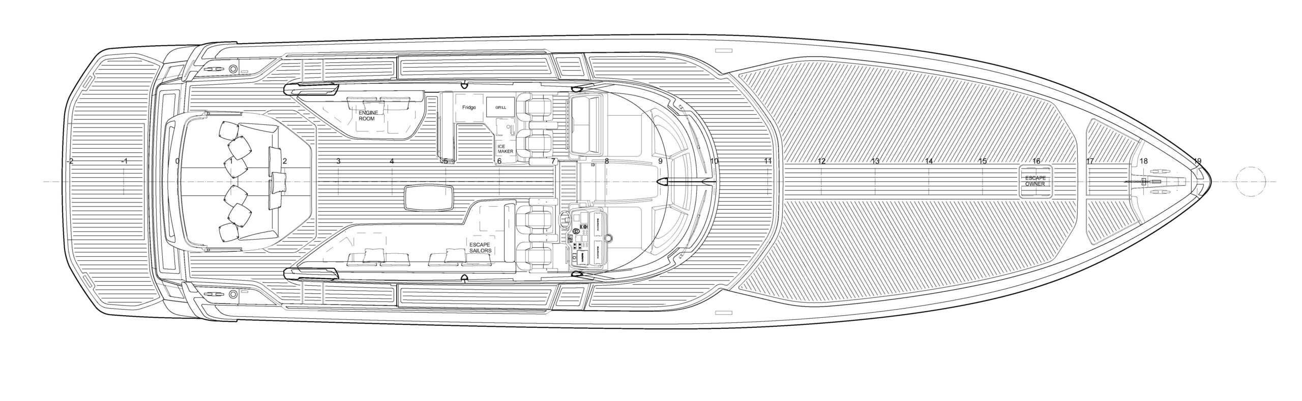 ISA GTO 70 main deck plan with aft sofa, a cockpit galley labelled fridge, grill and ice maker, the engine room hatch and the helm