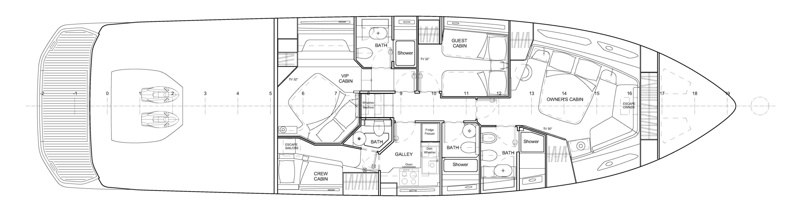 ISA GTO 70 lower deck plan labelled owner’s cabin, guest cabin, VIP cabin, galley, three bathrooms and a crew cabin