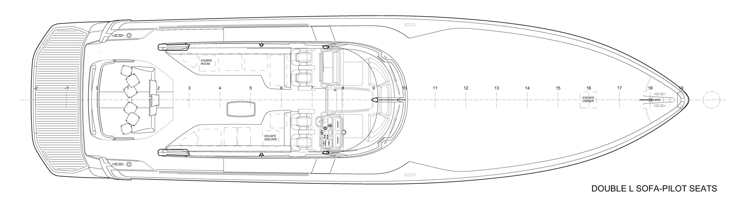 ISA GTO 70 optional main deck layout labelled double L sofa and pilot seats