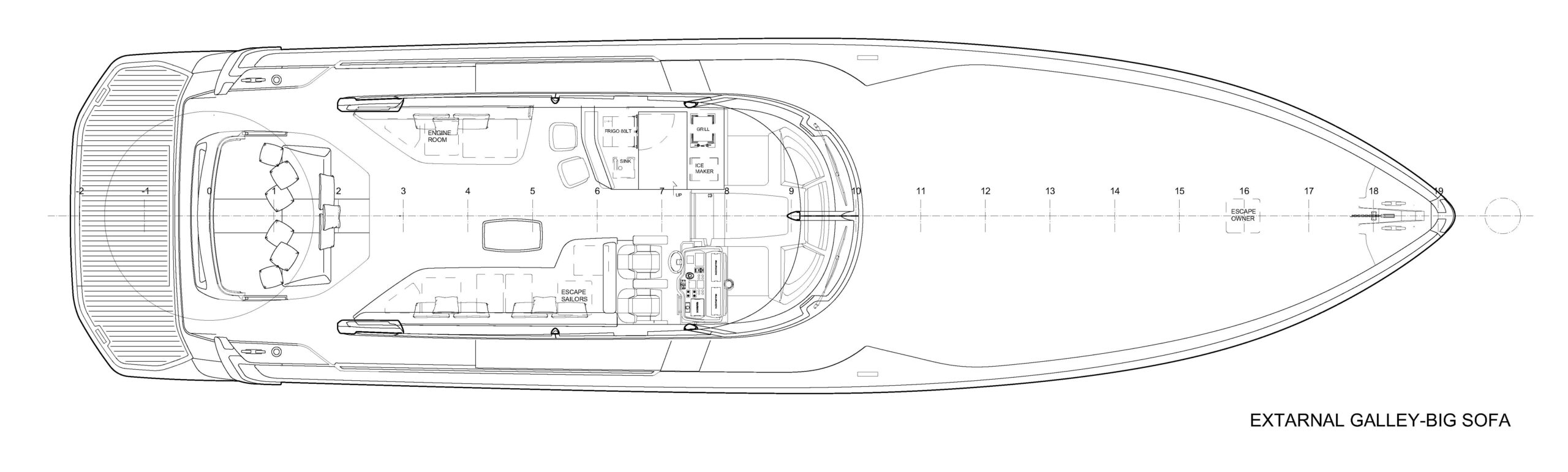 ISA GTO 70 optional main deck layout with an external galley and a large sofa