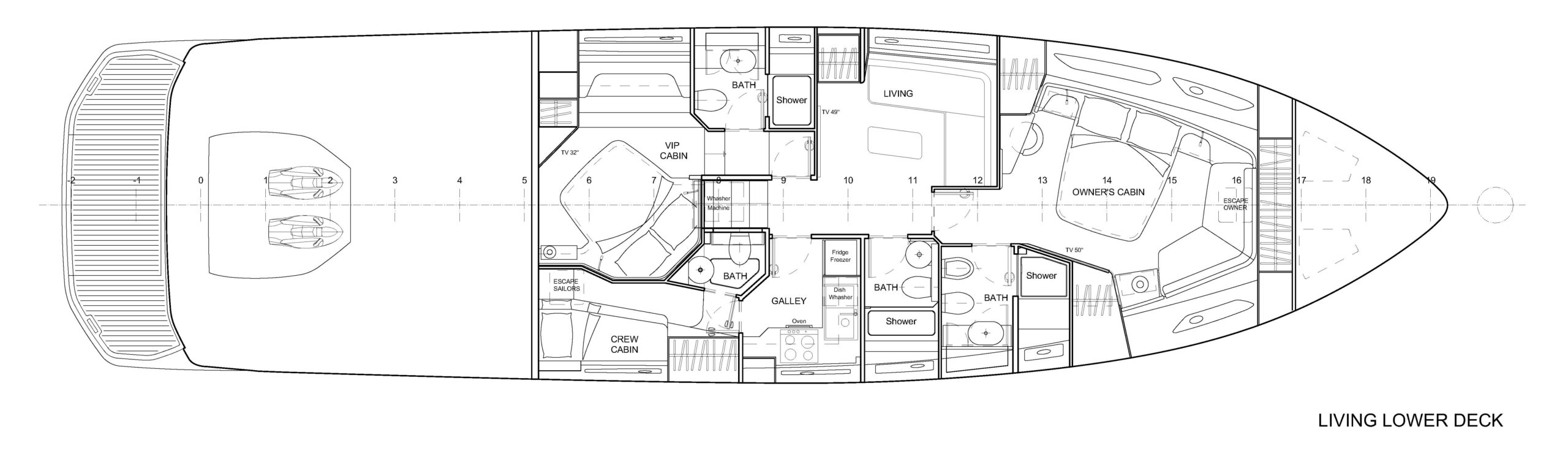 ISA GTO 70 optional lower deck plan with a living area where the guest cabin is, plus owner’s, VIP and crew cabins