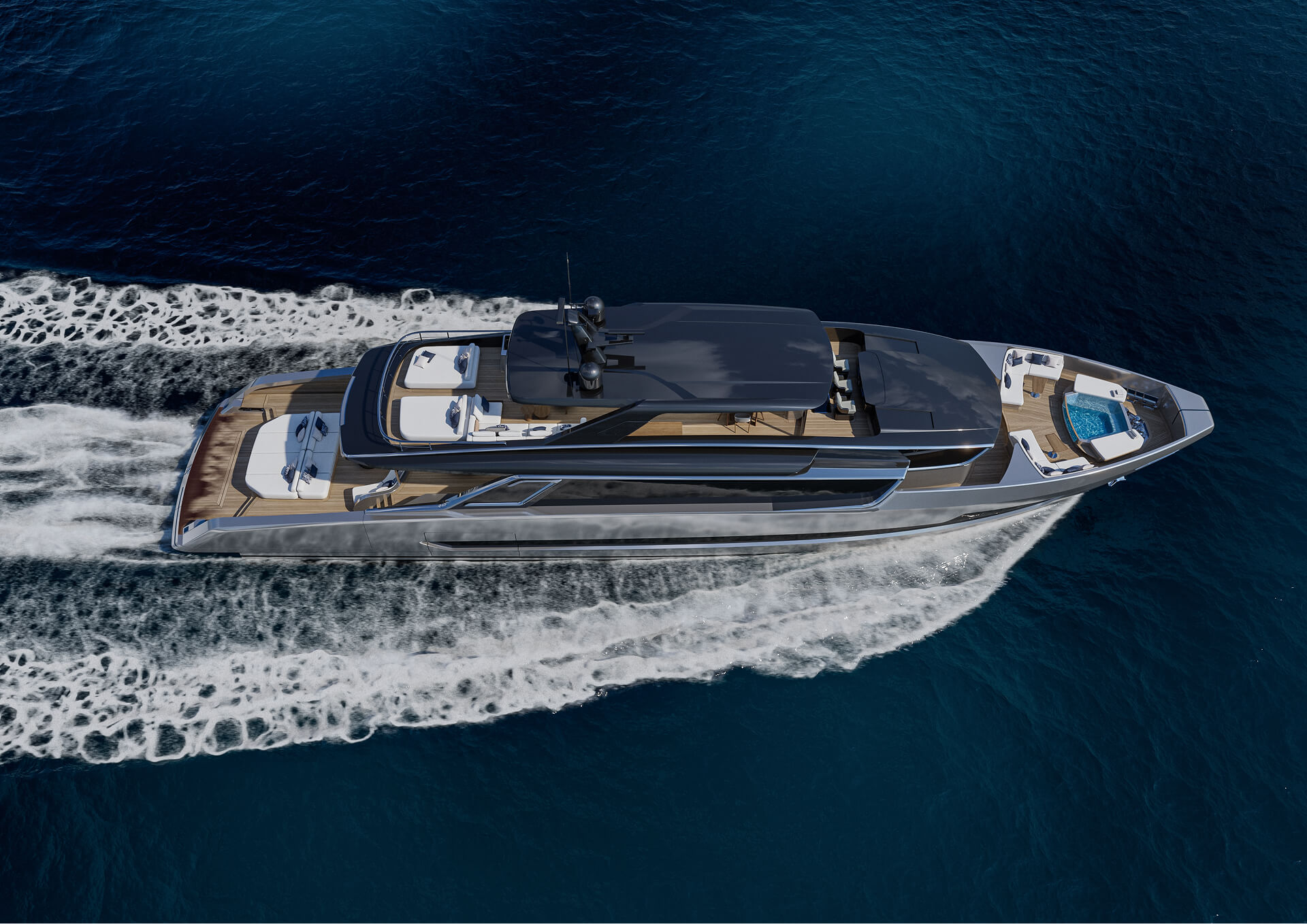 The Viper 130 seen from above and astern at speed, throwing a wide wake