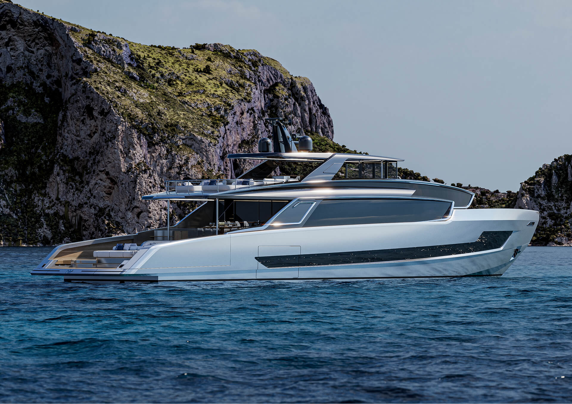 The Viper 130 at rest below a cliff, with a side balcony folded open