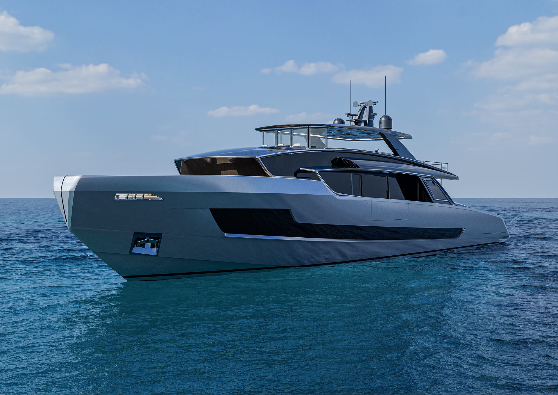 The Viper 130 seen from the bow quarter, showing the dark hull and long window band