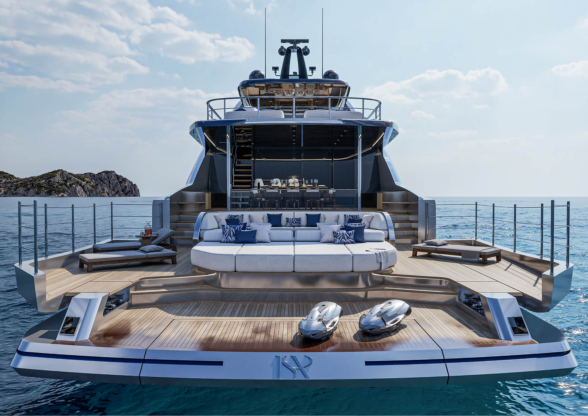 The aft cockpit seen from astern: the beach platform, the sunpad above it and two jet skis stowed on deck