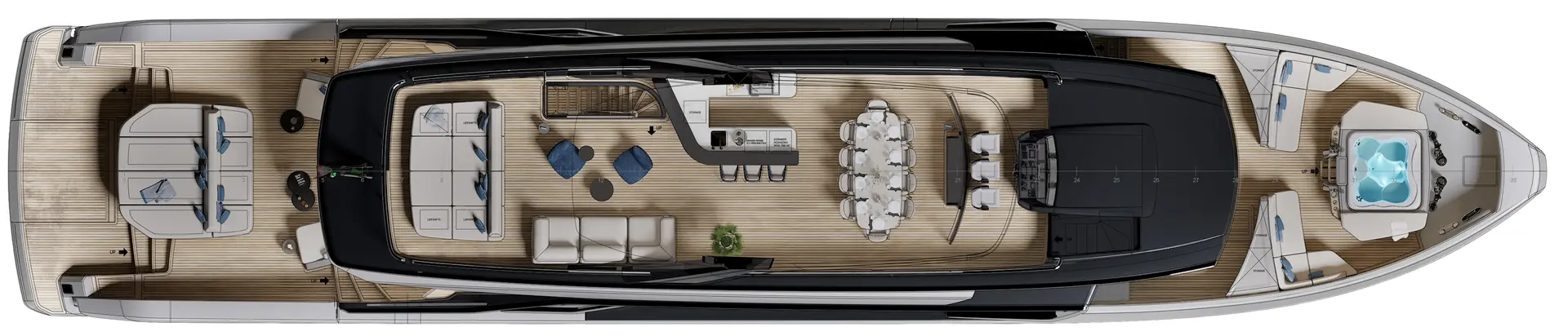 ISA's upper deck plan, with the second helm station forward and the sunpad, lounge and dining table aft