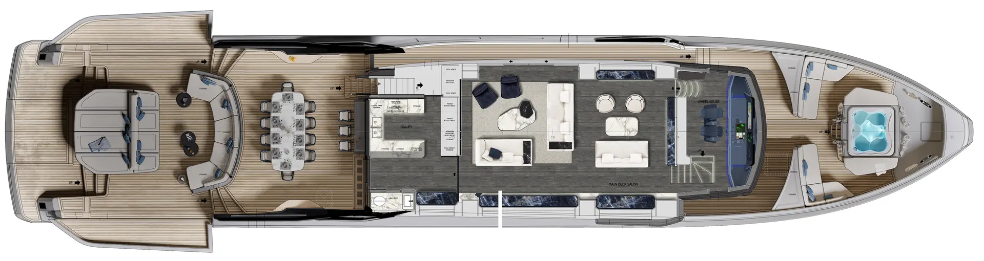 ISA's main deck plan in the aft-galley configuration, with the wheelhouse forward and the pool on the foredeck