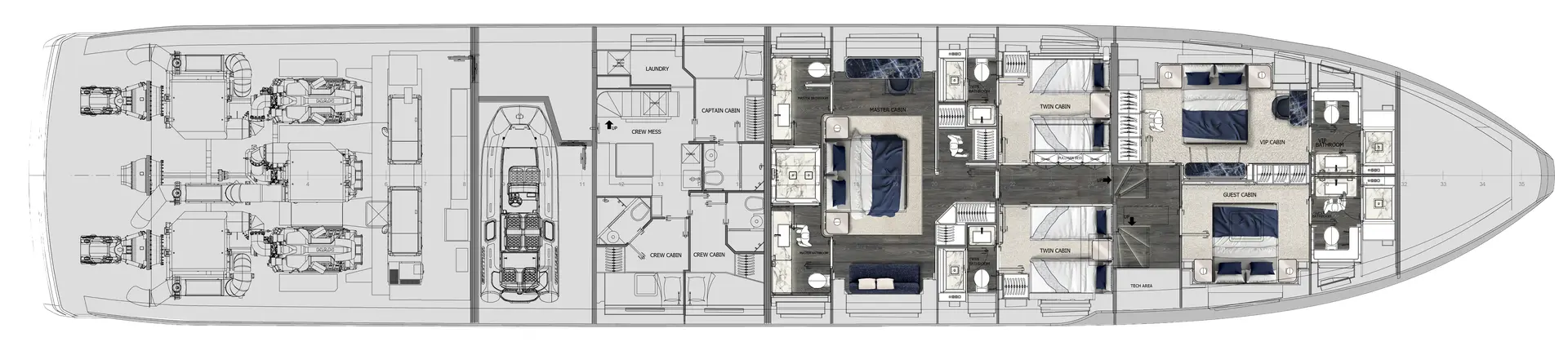 ISA's lower deck plan, with the guest cabins amidships, the crew quarters forward and the engine room aft