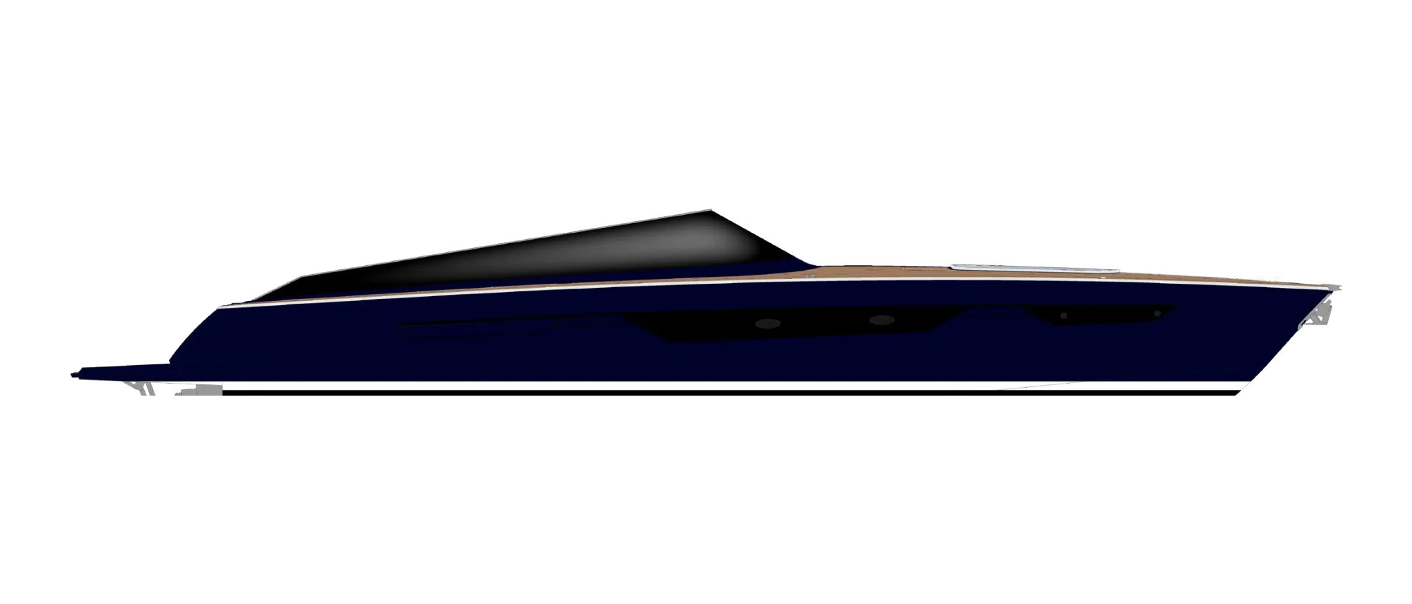 Side profile drawing of the Itama 70 in navy, the linear hull window running the length of the side