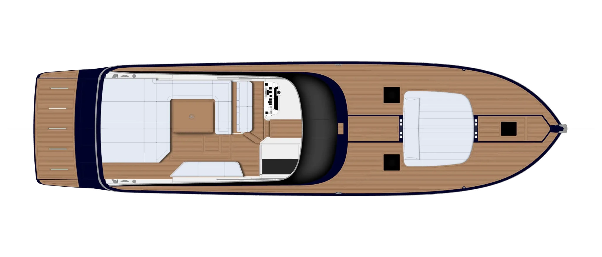 Main deck plan, from the bathing platform aft through the cockpit lounge and the offset helm to the bow sun pad