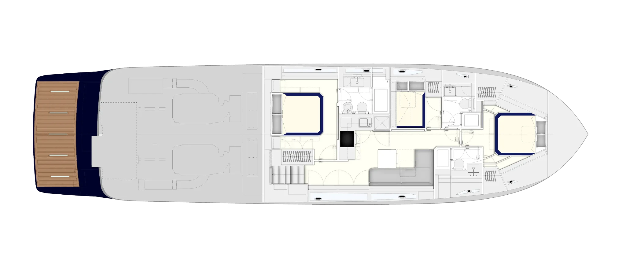 Lower deck plan, engine room aft and three cabins forward, each with its own bathroom