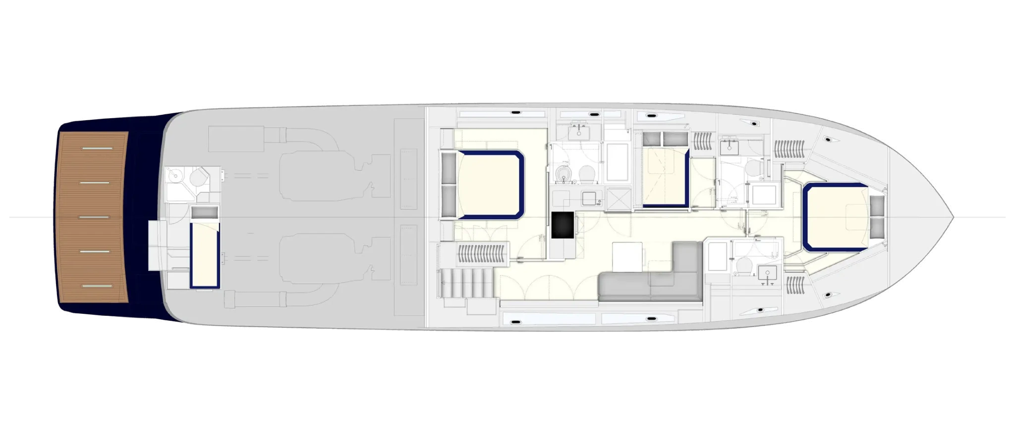 The optional lower deck, with a crew berth and head added aft of the engine room