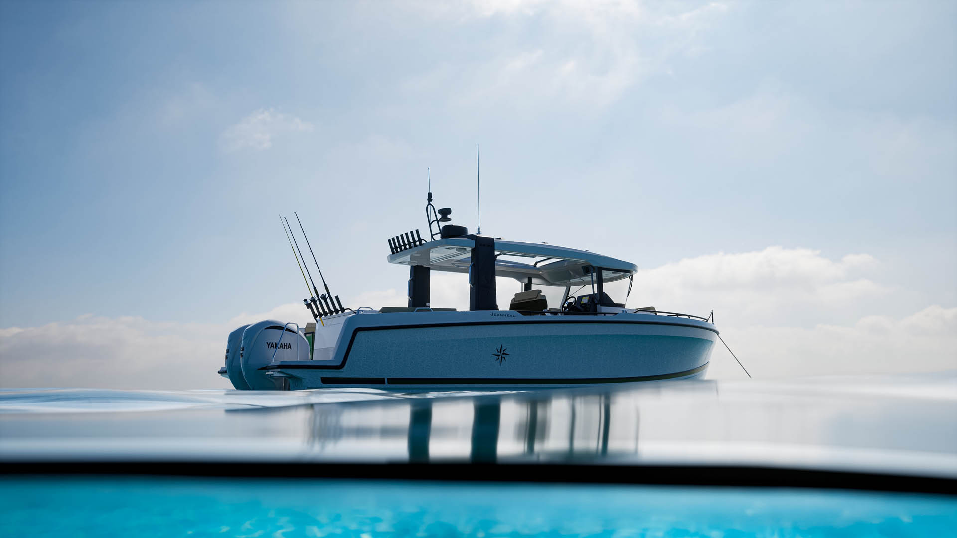 The EX 34 Hard Top in profile at dusk, with its outboards down and the hardtop frame above the cockpit