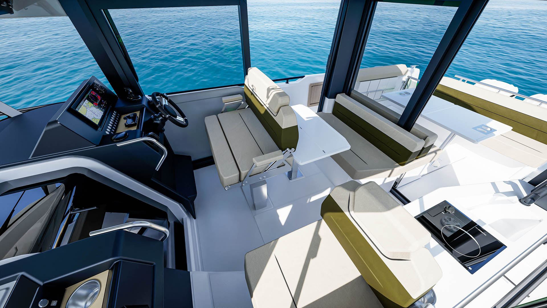 Inside the Cabin's glass wheelhouse, looking aft across the helm seat and cockpit seating to the sea