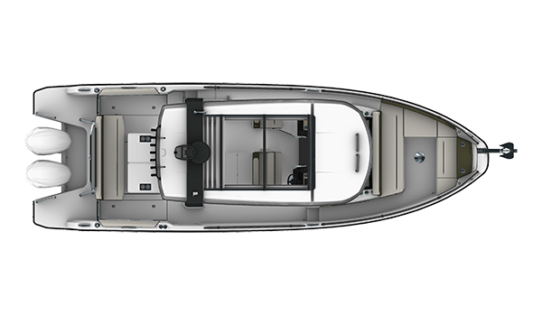 Jeanneau's deck plan for the EX 34 Cabin seen from above, showing the aft swim platform, aft cockpit, helm station and forward saloon — the first of the six deck arrangements the yard publishes.