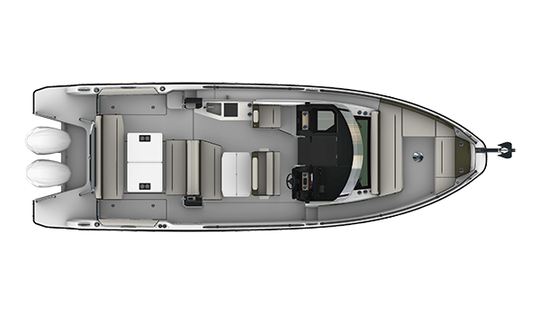 Jeanneau's deck plan for the EX 34 Cabin seen from above, showing the aft swim platform, aft cockpit, helm station and forward saloon — the second of the six deck arrangements the yard publishes.