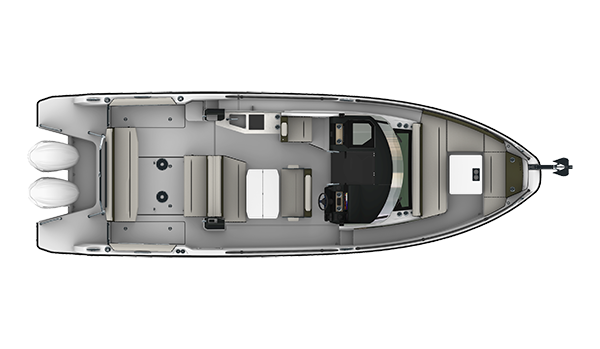 Jeanneau's deck plan for the EX 34 Cabin seen from above, showing the aft swim platform, aft cockpit, helm station and forward saloon — the third of the six deck arrangements the yard publishes.