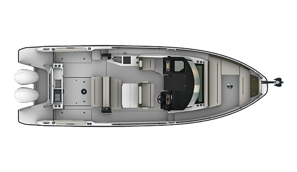 Jeanneau's deck plan for the EX 34 Cabin seen from above, showing the aft swim platform, aft cockpit, helm station and forward saloon — the fourth of the six deck arrangements the yard publishes.