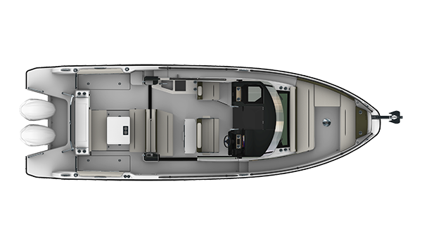 Jeanneau's deck plan for the EX 34 Cabin seen from above, showing the aft swim platform, aft cockpit, helm station and forward saloon — the sixth of the six deck arrangements the yard publishes.
