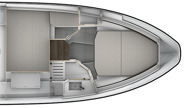 Jeanneau's interior plan for the EX 34 Cabin seen from above: the forward cabin, the separate head compartment, and the second of the two standard cabins aft.