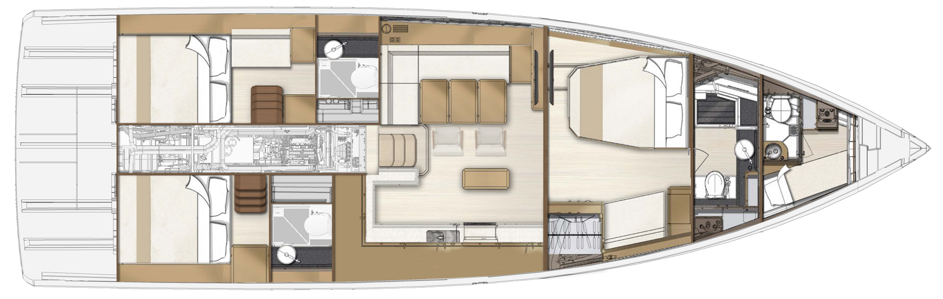 Accommodation plan of the three-cabin interior, the owner’s suite forward