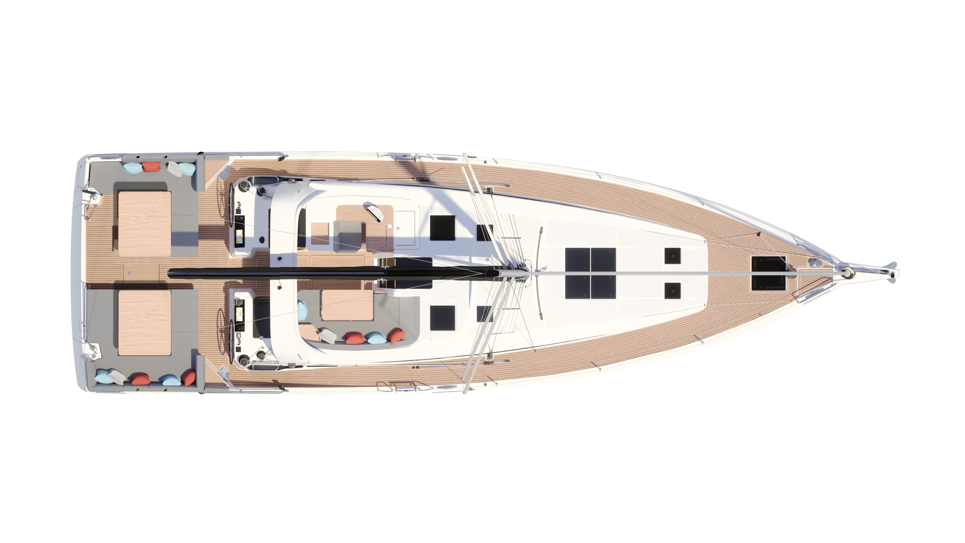 Deck plan seen from above, the twin helms forward and the two cockpit seating areas aft