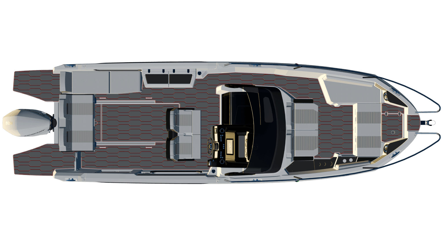 Karnic's deck plan of the R8 C-HT seen from above, with the outboard aft, a sunpad and seating in the cockpit, the console and hardtop amidships and a forward seating area in the bow