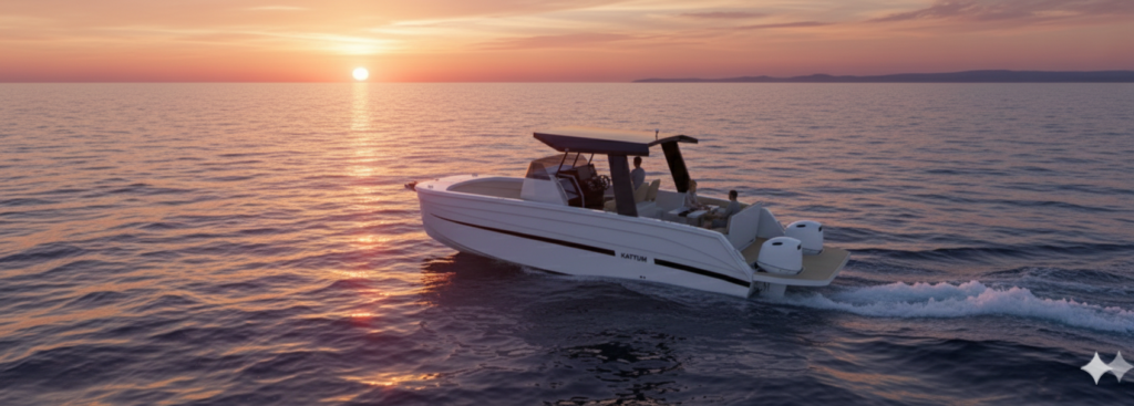The K30 Cruiser running slowly into a low sun, seen from the side, with twin outboards on the transom and the hard top over the helm