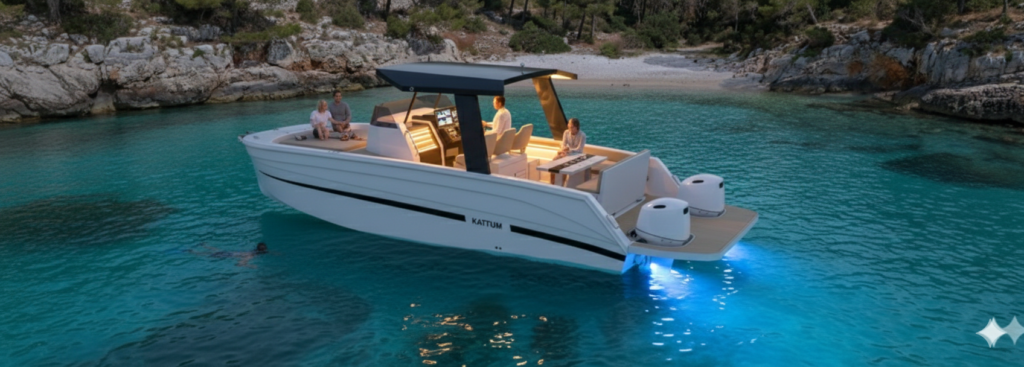 The K30 Cruiser at anchor in the same cove towards dusk, its underwater lights throwing blue into the water, with people seated in the cockpit