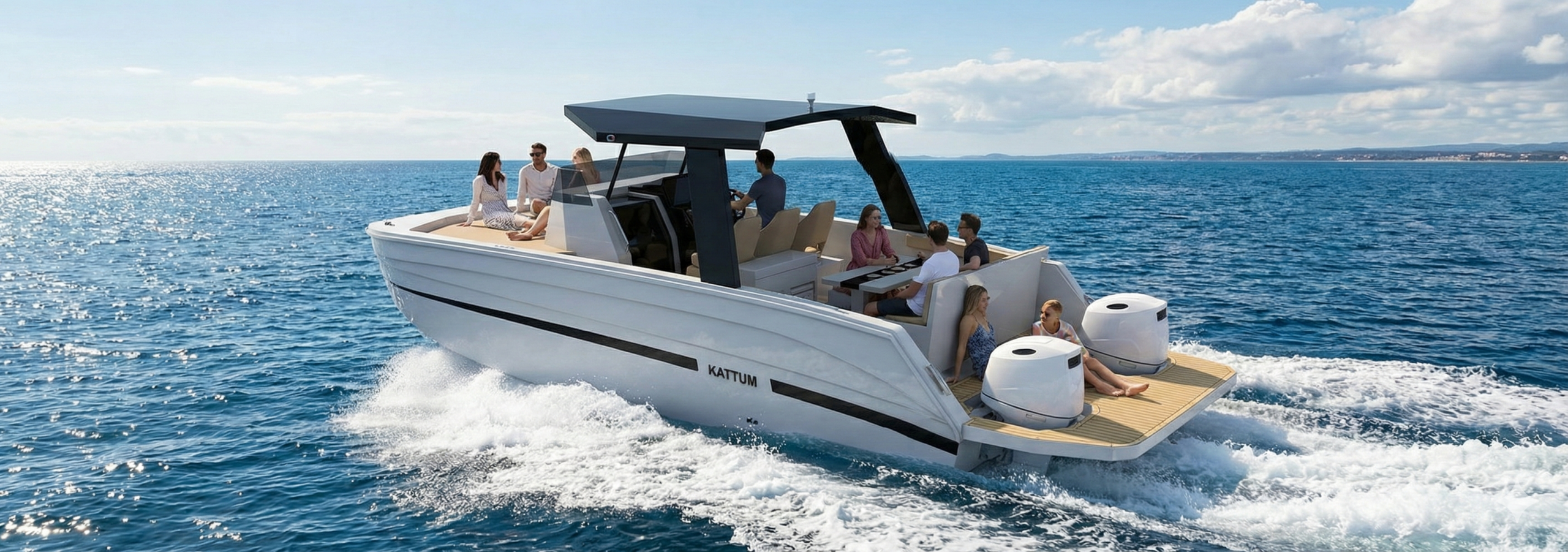 The Kattum K-30 running to the left at speed with ten people aboard, a white boat with a dark hardtop on a single pillar, twin white outboards on the transom and a teak bathing platform aft