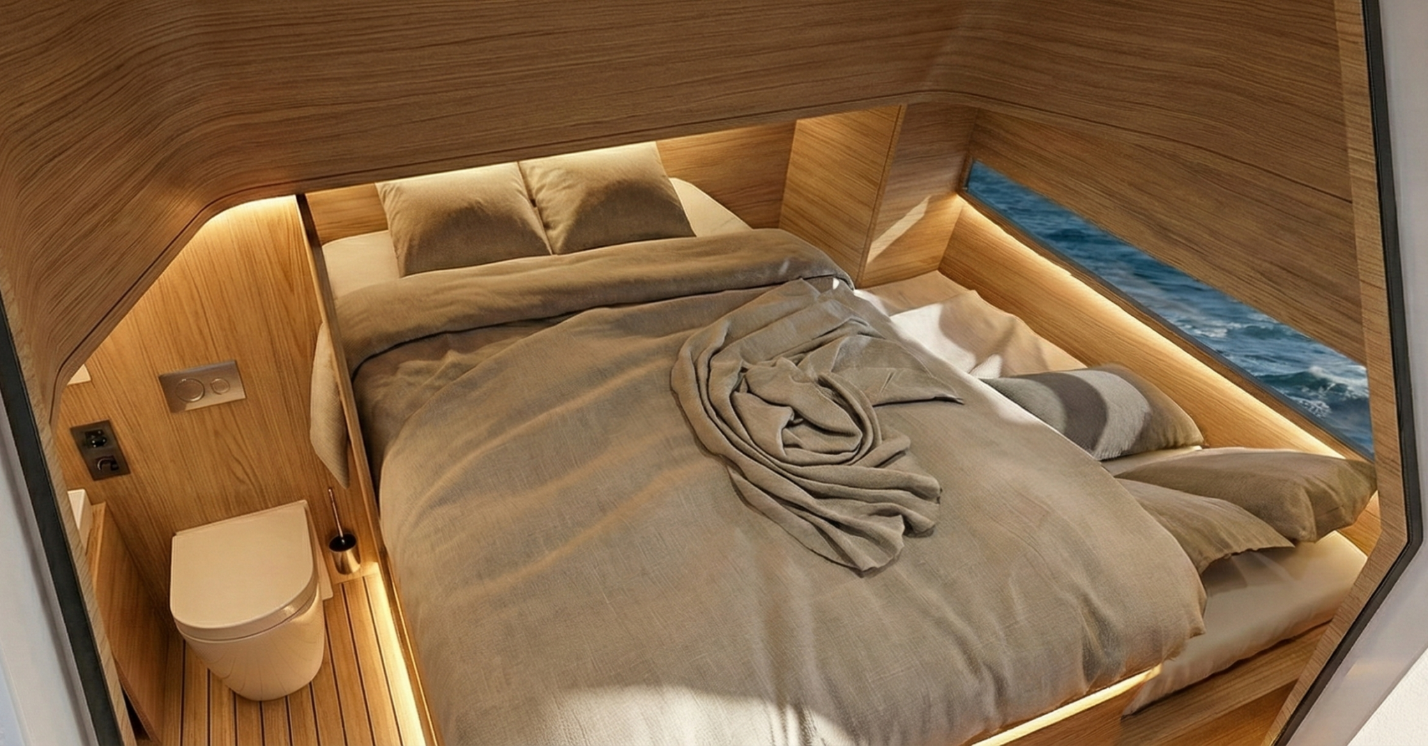 A second view of the K-30's cabin, the berth in warm timber with strip lighting under the shelf and a narrow hull window showing the sea outside