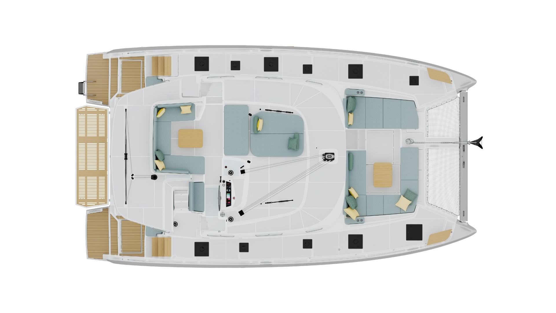 Plan of the flybridge seen from above, with seating and a table beside the helm