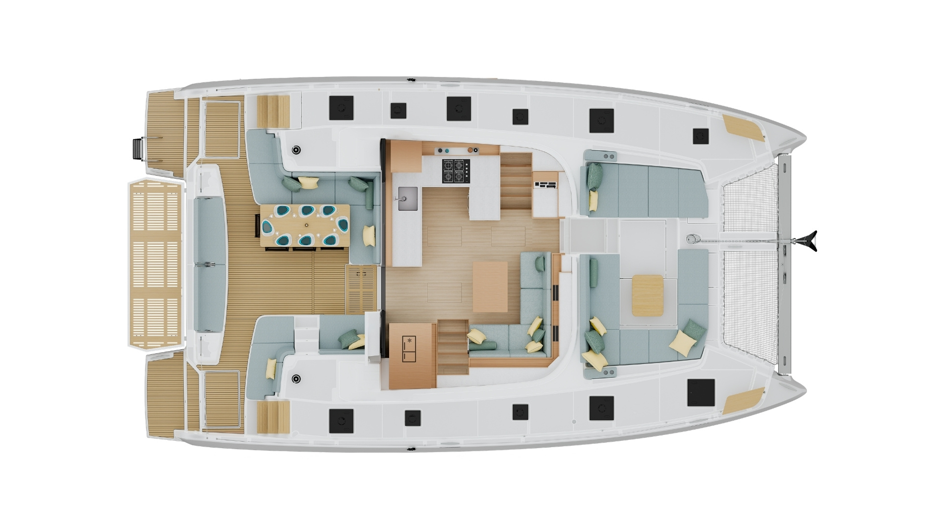 Plan of the main deck seen from above: the aft cockpit and dining table, the saloon and galley, and the forward cockpit with its own seating