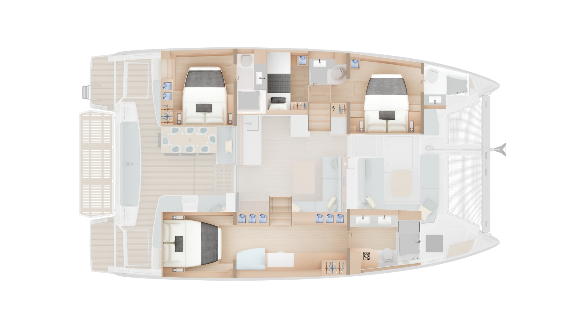 Plan of the lower deck in a version with three double cabins