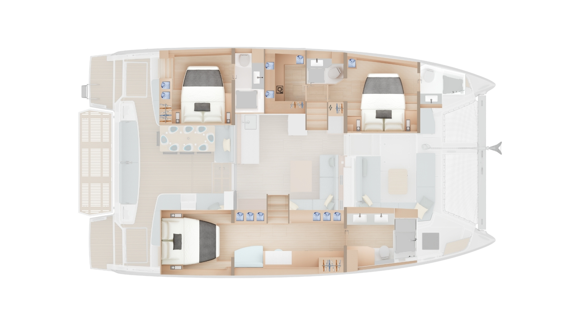 Plan of the lower deck with the smart room taking the place of one forward cabin