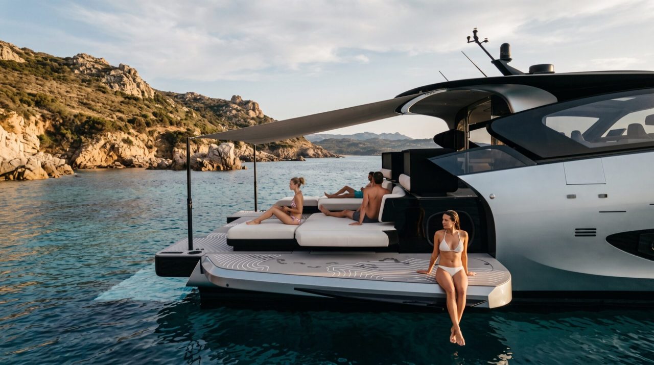 The aft platform extended over the water with people aboard