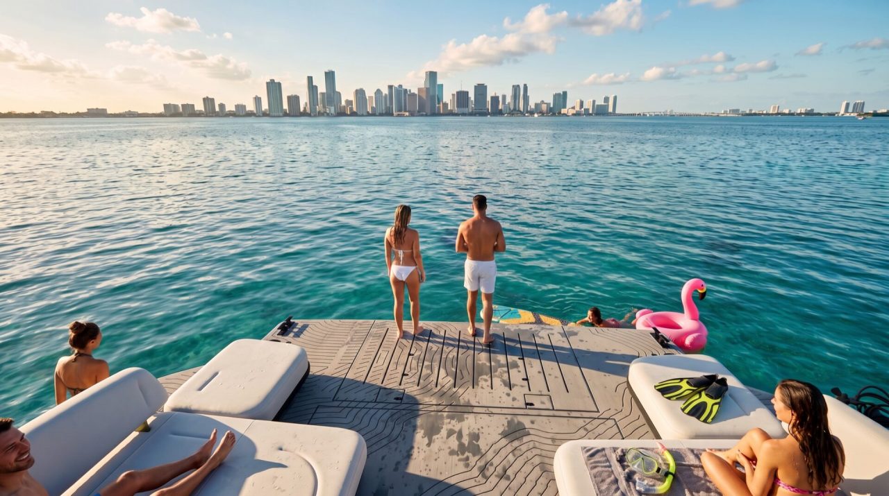 The aft deck and bathing platform with a city skyline behind