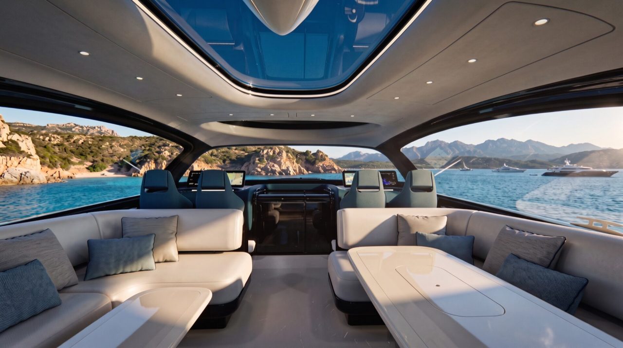 The interior looking aft through the glass capsule, with seating either side