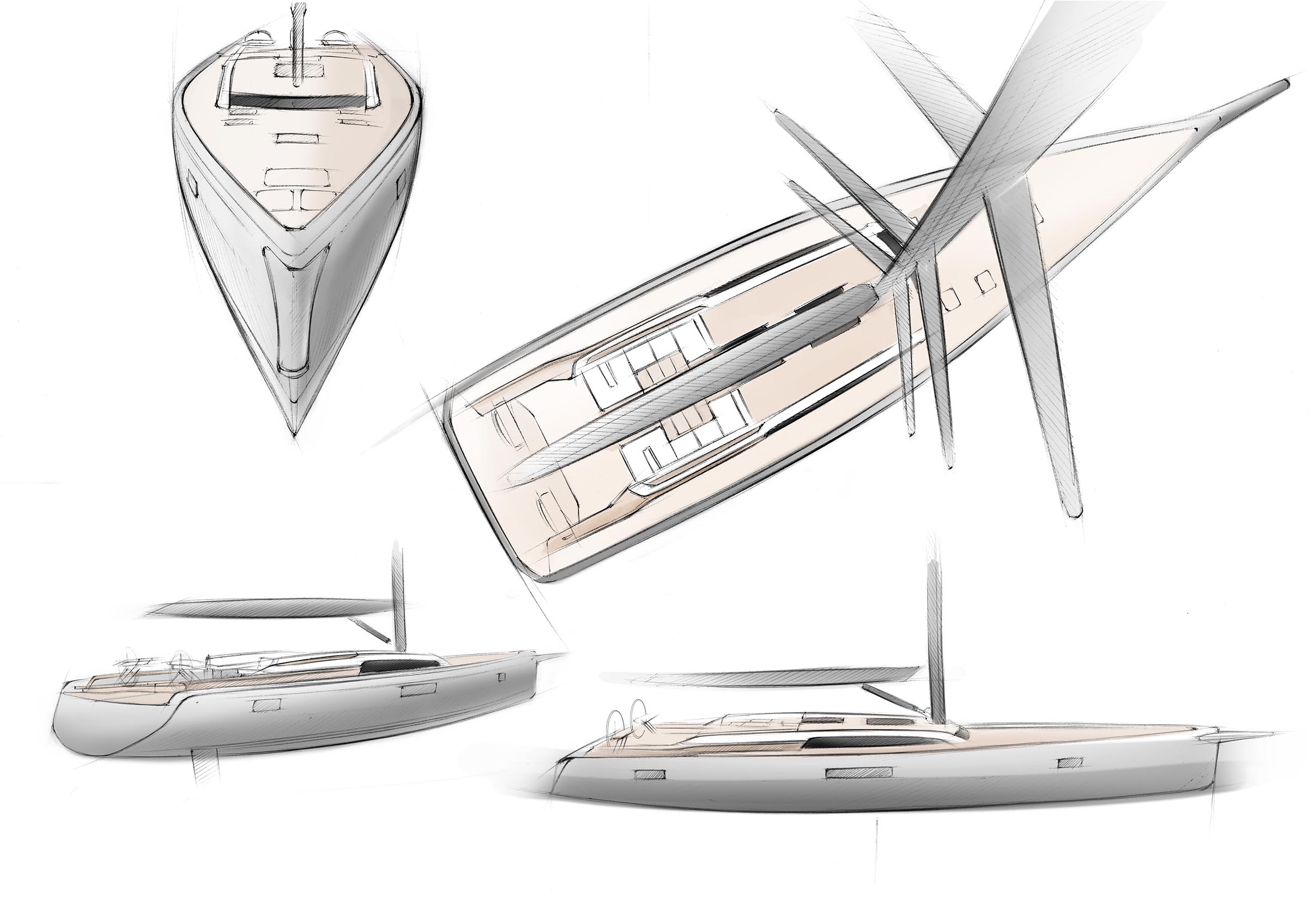 Further design sketches of the Swan 80, including a plan view of the deck
